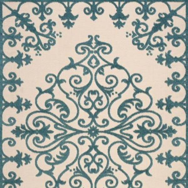 Homeroots 10' X 13' Aqua Damask Non Skid Indoor Outdoor Area Rug  Polypropylene 479297
