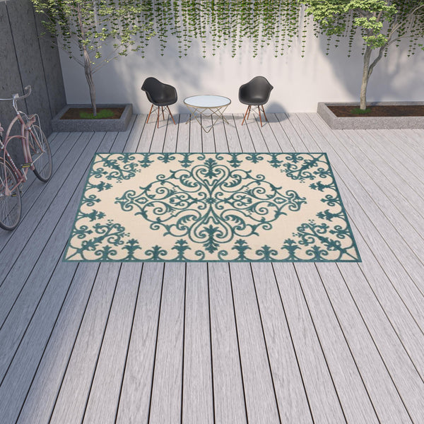 Homeroots 10' X 13' Aqua Damask Non Skid Indoor Outdoor Area Rug  Polypropylene 479297