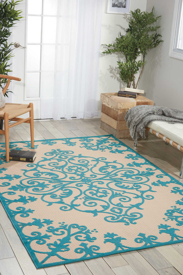 Homeroots 10' X 13' Aqua Damask Non Skid Indoor Outdoor Area Rug  Polypropylene 479297