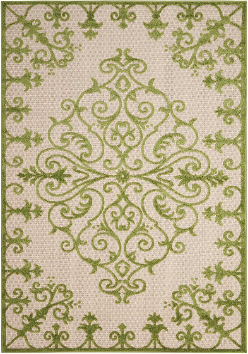HomeRoots 10' Green Indoor Outdoor Area Rug - Durable, Stylish Damask Design for Versatile Living Spaces 479298