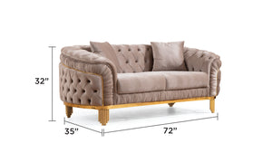 English Elm Vanessa Velvet Tufted Loveseat Taupe with Gold-Plated Waterfall Legs, Coil Springs & 2 Pillows 698781233245