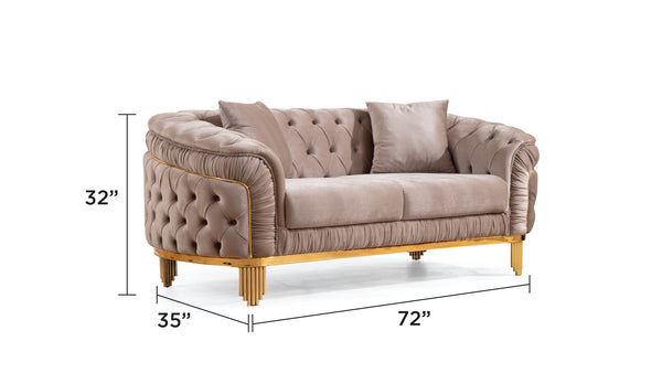 English Elm Vanessa Velvet Tufted Loveseat Taupe with Gold-Plated Waterfall Legs, Coil Springs & 2 Pillows 698781233245