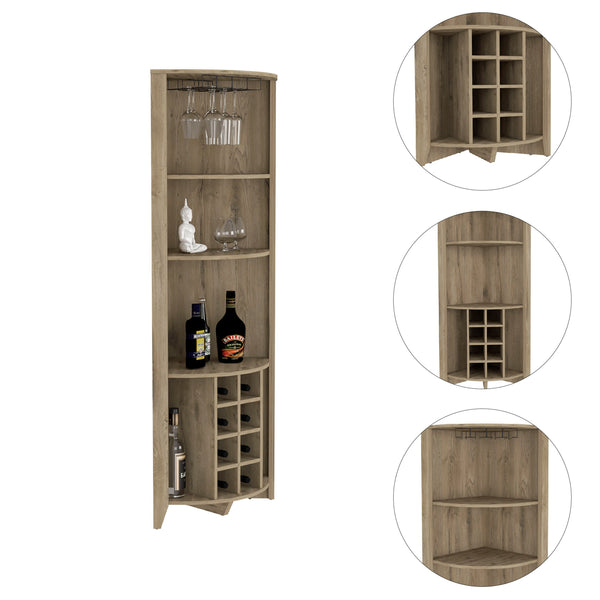English Elm Essential Corner Bar Cabinet with Wine Rack & Cup Holders, Space-Saving Three-Tier Storage Solution Light Oak 75 L x 24 W x 3 H B200S00404