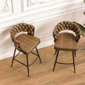 English Elm 28" Woven Leather Swivel Barstools with Arms Padded Back Industrial Kitchen Set of 2 W3732P418929