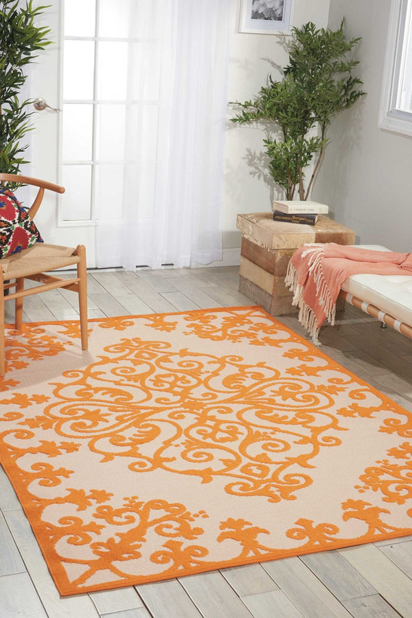 HomeRoots 10' Orange and Ivory Area Rug - Stylish Indoor/Outdoor Damask Design, Durable, Easy-Care, Versatile! 479300