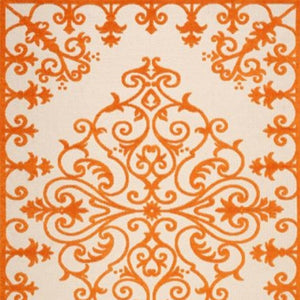 HomeRoots 10' Orange and Ivory Area Rug - Stylish Indoor/Outdoor Damask Design, Durable, Easy-Care, Versatile! 479300