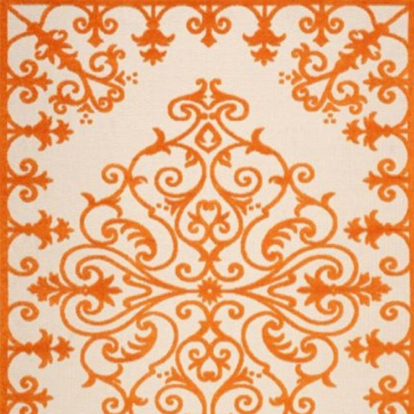 HomeRoots 10' Orange and Ivory Area Rug - Stylish Indoor/Outdoor Damask Design, Durable, Easy-Care, Versatile! 479300