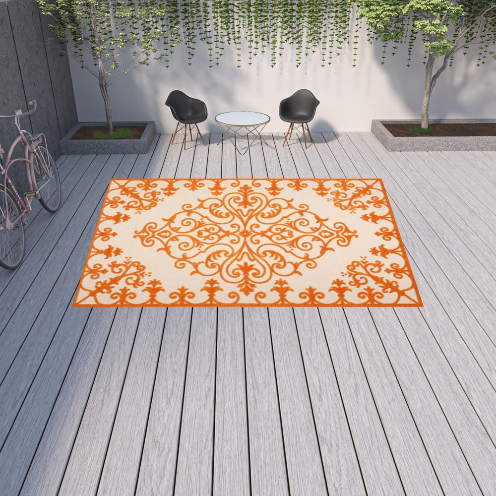Homeroots 10' X 13' Orange Damask Non Skid Indoor Outdoor Area Rug  Polypropylene 479300