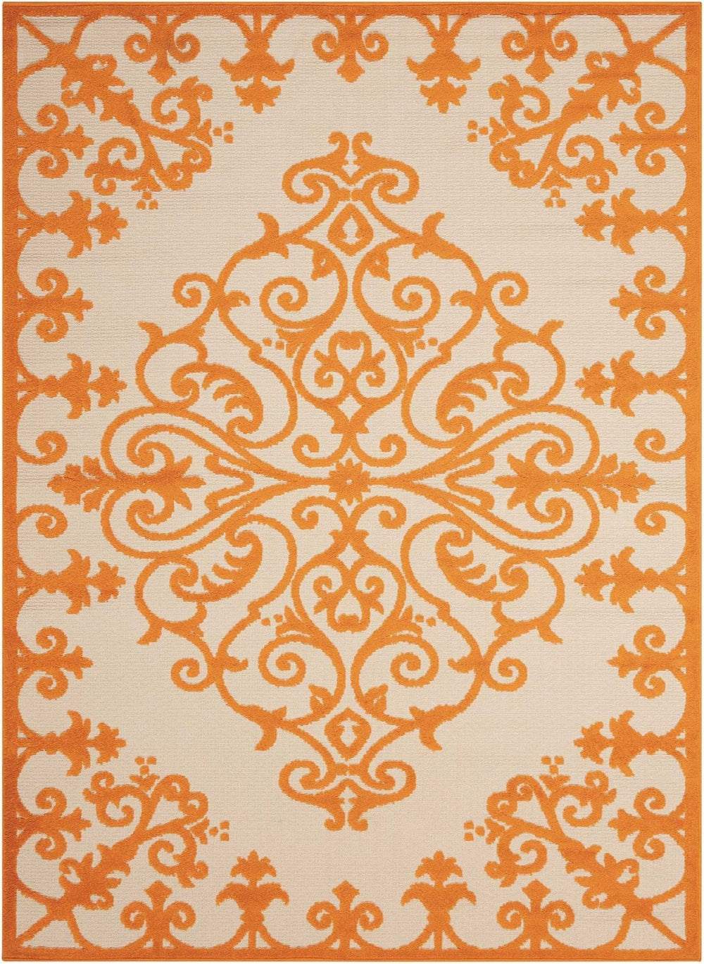 HomeRoots 10' Orange and Ivory Area Rug - Stylish Indoor/Outdoor Damask Design, Durable, Easy-Care, Versatile! 479300
