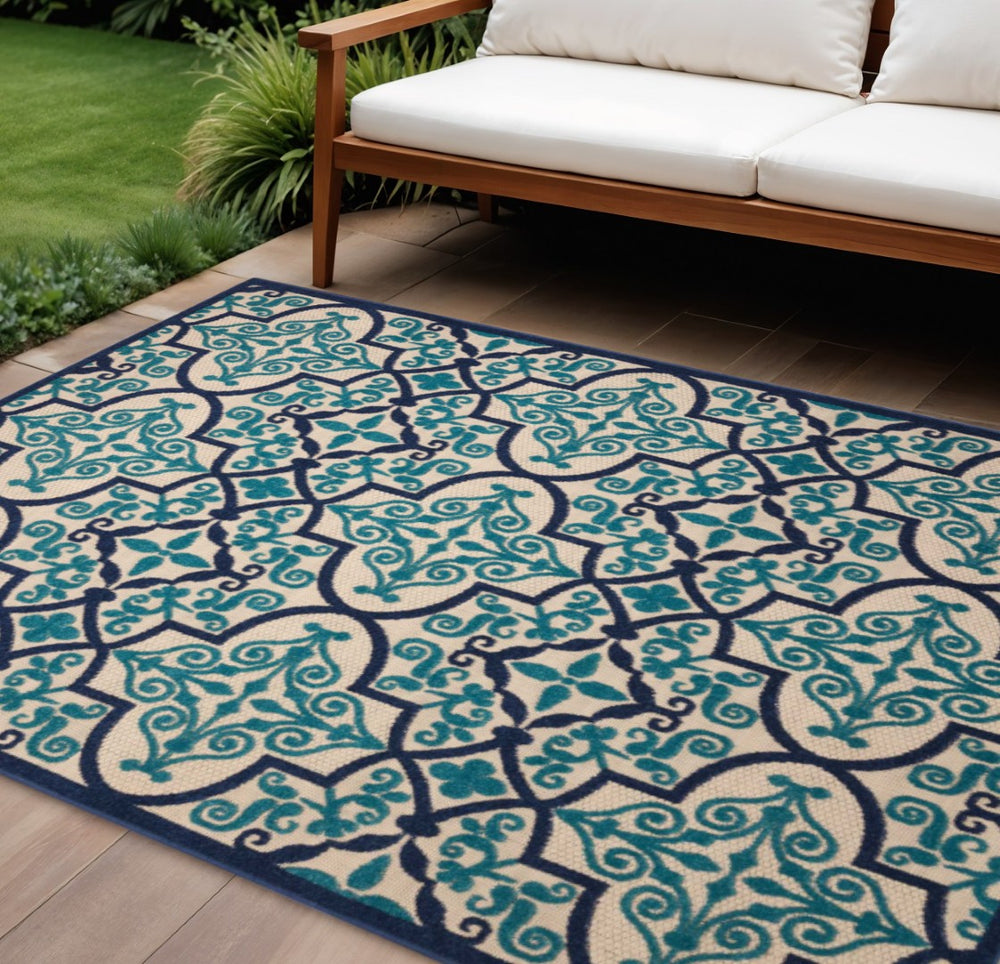 HomeRoots 10' Blue and Ivory Indoor Outdoor Area Rug - Stylish, Durable, Easy-Clean for Any Living Space! 479303