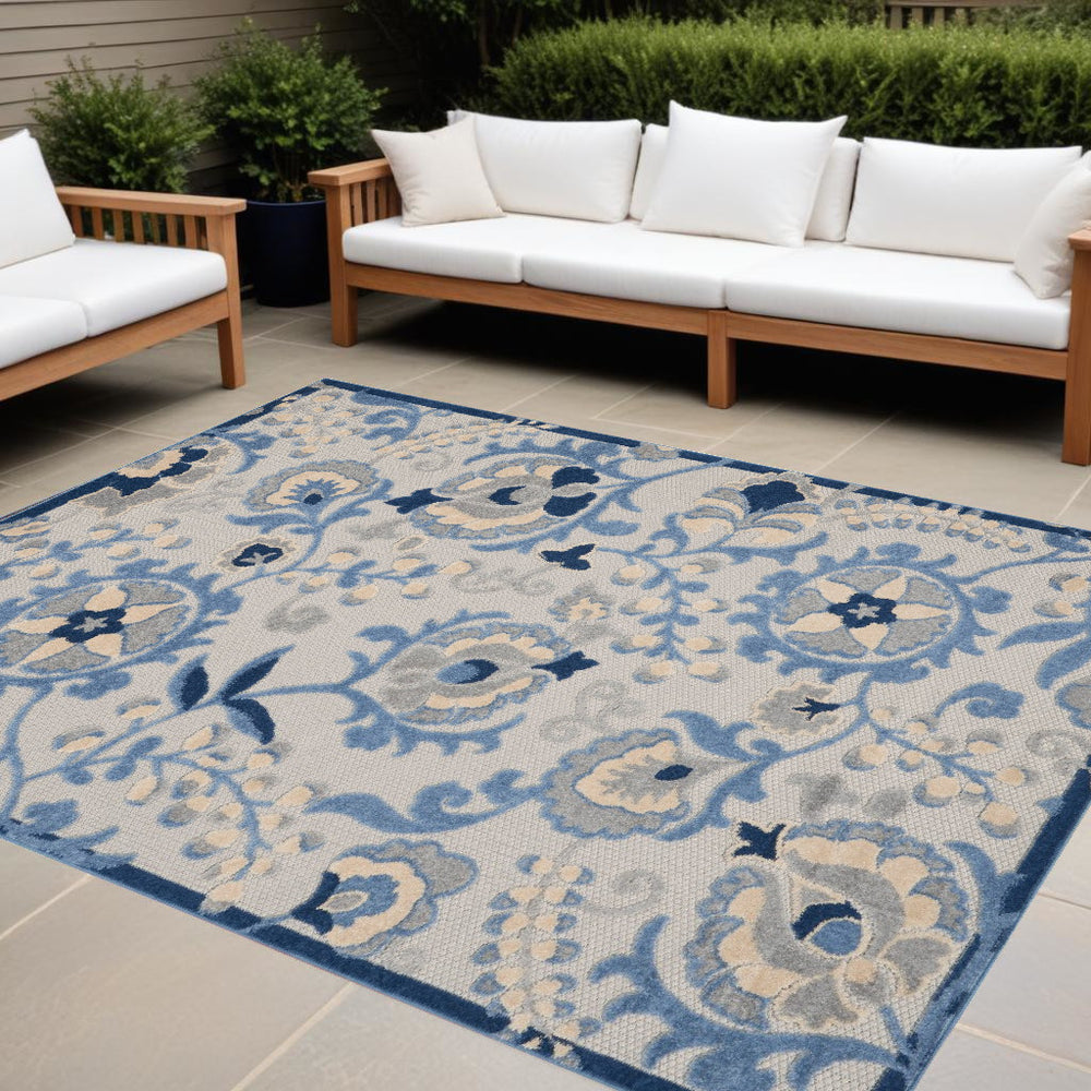 Homeroots 9' X 12' Blue And Grey Toile Non Skid Indoor Outdoor Area Rug  Polypropylene 479319