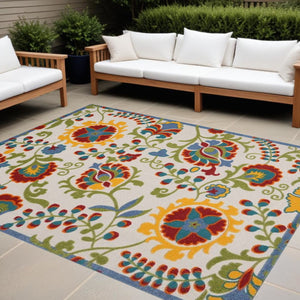 HomeRoots 10' Green and Ivory Indoor Outdoor Area Rug - Durable, Low-Maintenance Design for High-Traffic Spaces 479328