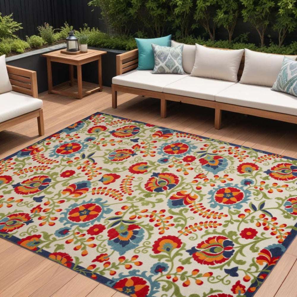 HomeRoots 9' X 12' Blue and Beige Transitional Floral Indoor/Outdoor Area Rug - Durable, Easy Care, Stylish Design 479329
