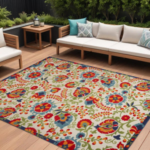 HomeRoots 9' X 12' Blue and Beige Transitional Floral Indoor/Outdoor Area Rug - Durable, Easy Care, Stylish Design 479329