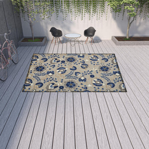 Homeroots 10' X 13' Natural And Blue Toile Non Skid Indoor Outdoor Area Rug  Polypropylene 479331