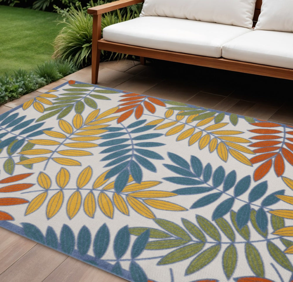 HomeRoots 12' Indoor Outdoor Area Rug - Coastal Ivory & Blue Floral Design for Versatile, Low-Maintenance Use 479333