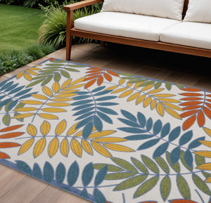 HomeRoots 12' Indoor Outdoor Area Rug - Coastal Ivory & Blue Floral Design for Versatile, Low-Maintenance Use 479333
