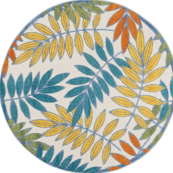 HomeRoots 5' Coastal-Inspired Ivory and Blue Round Area Rug for Indoor & Outdoor Spaces - Durable & Stylish 479340