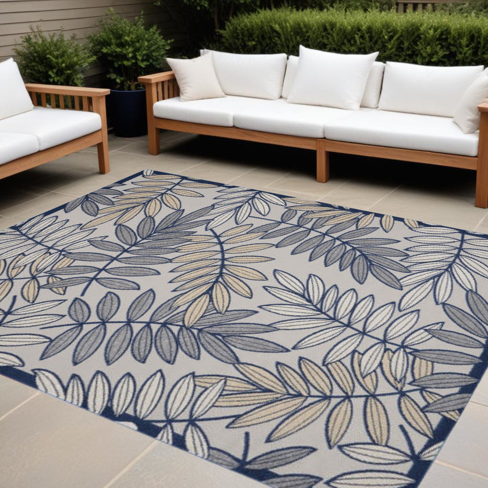 Homeroots 12' X 15' Ivory And Navy Floral Non Skid Indoor Outdoor Area Rug  Polypropylene 479346
