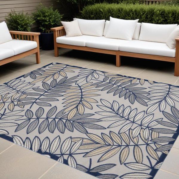 Homeroots 10' X 13' Ivory And Navy Floral Non Skid Indoor Outdoor Area Rug  Polypropylene 479354