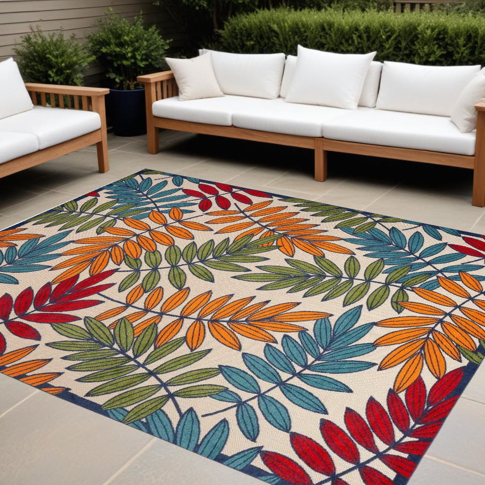 Homeroots 9' X 12' Beige Green And Orange Floral Non Skid Indoor Outdoor Area Rug  Polypropylene 479355