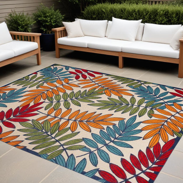 Homeroots 9' X 12' Beige Green And Orange Floral Non Skid Indoor Outdoor Area Rug  Polypropylene 479355
