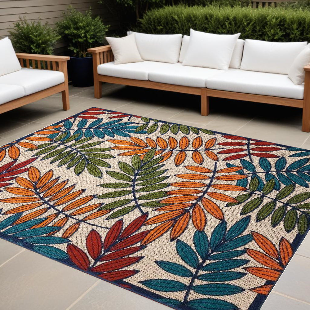 Homeroots 10' X 13' Beige Green And Orange Floral Non Skid Indoor Outdoor Area Rug  Polypropylene 479356