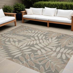HomeRoots 10' Gray and Ivory Indoor Outdoor Area Rug - Elegant Floral Design, Durable, Easy to Clean & Slip-Resistant 479357