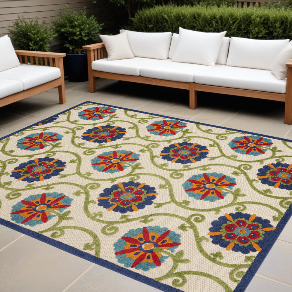 Homeroots 10' X 13' Blue Floral Non Skid Indoor Outdoor Area Rug  Polypropylene 479359