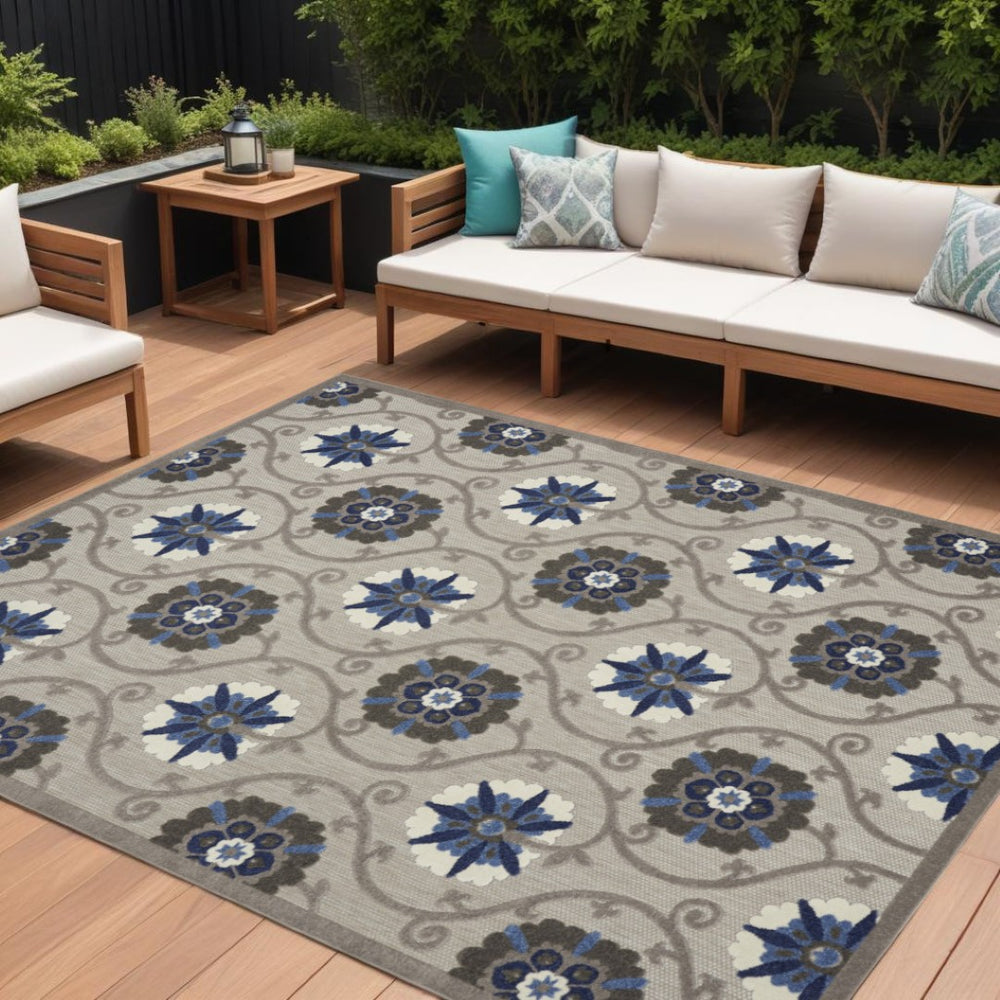 HomeRoots 10' Blue and Gray Indoor Outdoor Area Rug - Durable Floral Design for High-Traffic Spaces, Easy Care 479360