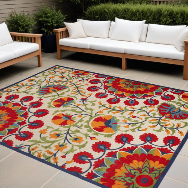 HomeRoots 9' x 12' Red and Ivory Indoor Outdoor Area Rug - Durable, Stylish Floral Design for All Spaces! 479362
