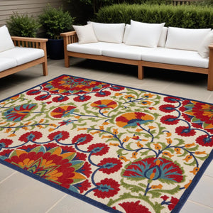 HomeRoots 10' Red and Ivory Indoor Outdoor Area Rug – Durable, Stylish, Low-Profile Floral Design for All Spaces! 479363