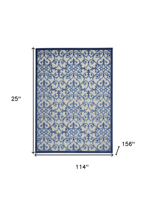 Homeroots 10' X 13' Grey And Blue Damask Non Skid Indoor Outdoor Area Rug  Polypropylene 479364