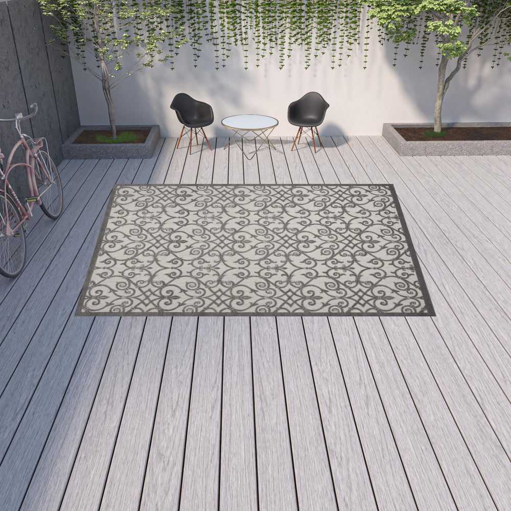 Homeroots 10' X 13' Grey And Charcoal Damask Non Skid Indoor Outdoor Area Rug  Polypropylene 479365