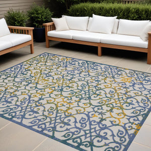 Homeroots 12' X 15' Ivory And Blue Damask Non Skid Indoor Outdoor Area Rug  Polypropylene 479366