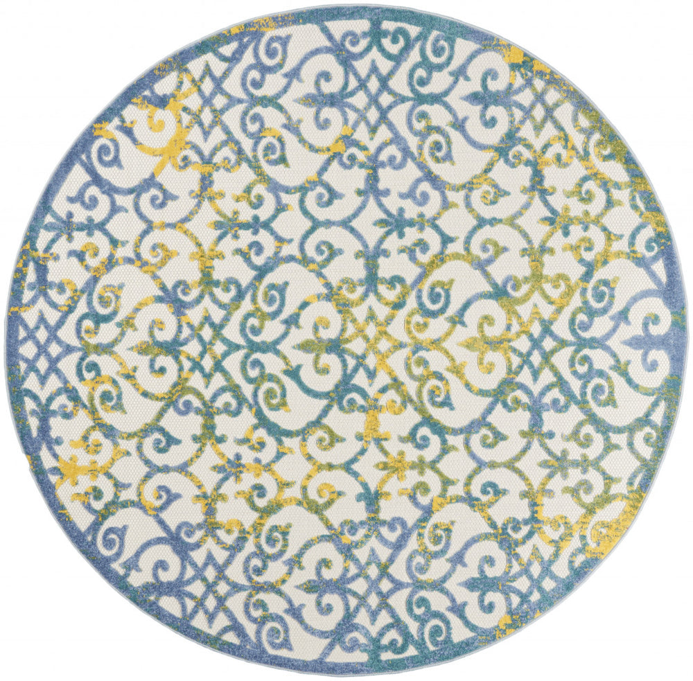 Homeroots 8' X 8' Ivory And Blue Round Damask Non Skid Indoor Outdoor Area Rug  Polypropylene 479372