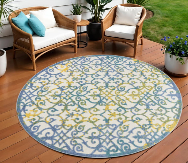 HomeRoots 8' Round Ivory and Blue Area Rug - Stylish Indoor/Outdoor Accent for Modern Spaces, Easy Care! 479372