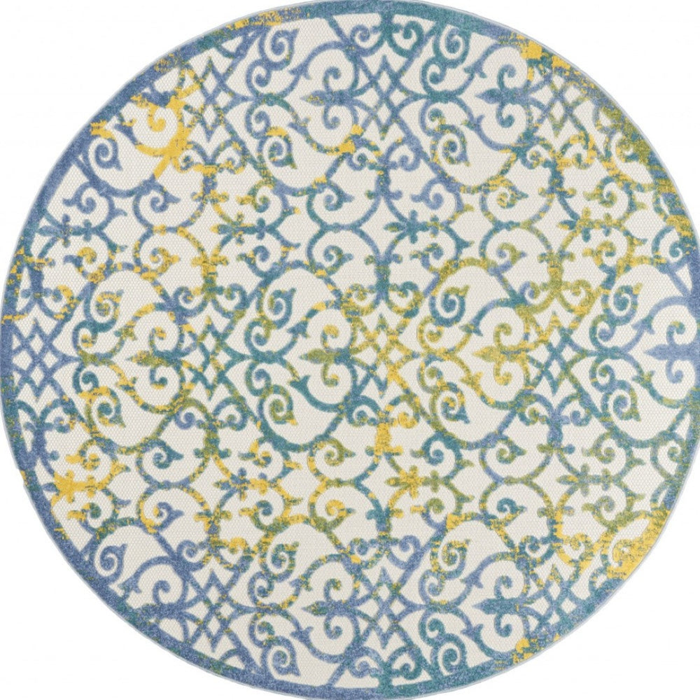 HomeRoots 8' Round Ivory and Blue Area Rug - Stylish Indoor/Outdoor Accent for Modern Spaces, Easy Care! 479372