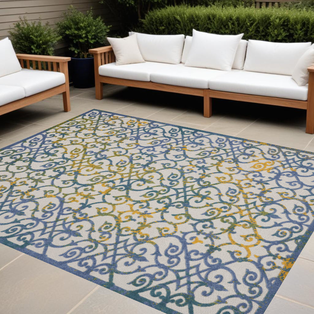 Homeroots 9' X 12' Ivory And Blue Damask Non Skid Indoor Outdoor Area Rug  Polypropylene 479373