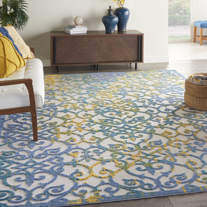 Homeroots 10' X 13' Ivory And Blue Damask Non Skid Indoor Outdoor Area Rug  Polypropylene 479374