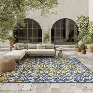 HomeRoots 10' Stylish Ivory and Blue Indoor Outdoor Area Rug - Durable, Easy-Clean, Perfect for Any Space 479374