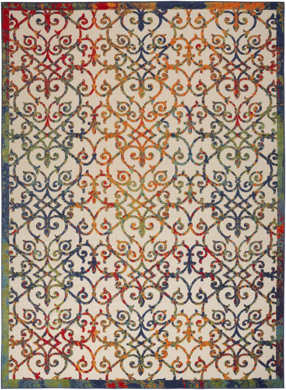 Homeroots 9' X 12' Ivory Blue And Green Damask Non Skid Indoor Outdoor Area Rug  Polypropylene 479375