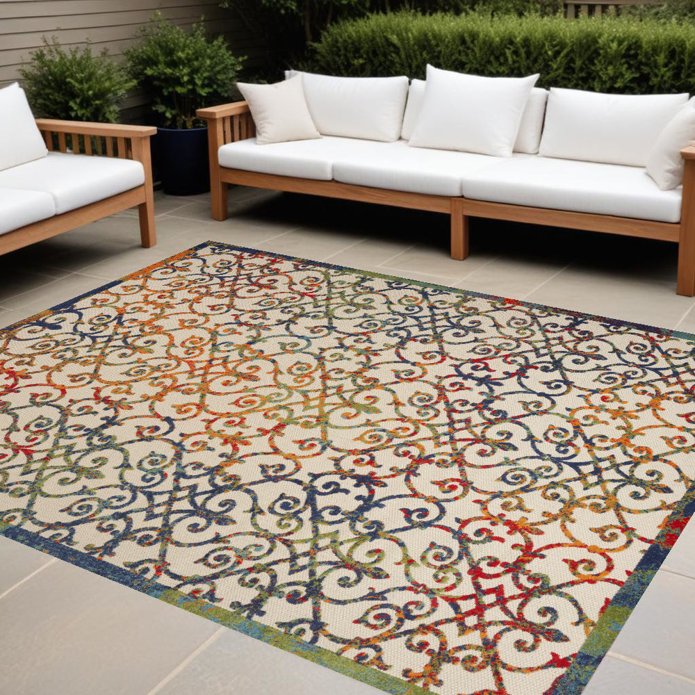 Homeroots 9' X 12' Ivory Blue And Green Damask Non Skid Indoor Outdoor Area Rug  Polypropylene 479375