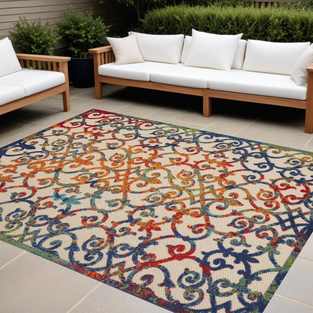 Homeroots 10' X 13' Ivory Blue And Green Damask Non Skid Indoor Outdoor Area Rug  Polypropylene 479376