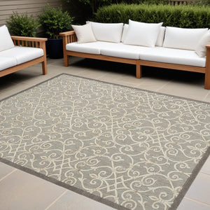 Homeroots 10' X 13' Natural Damask Non Skid Indoor Outdoor Area Rug  Polypropylene 479377