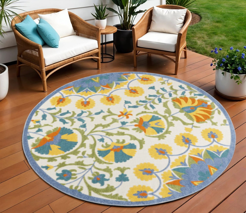HomeRoots 8' Blue and Yellow Round Area Rug – Durable, Versatile, and Easy-Clean Indoor/Outdoor Decor Solution! 479384