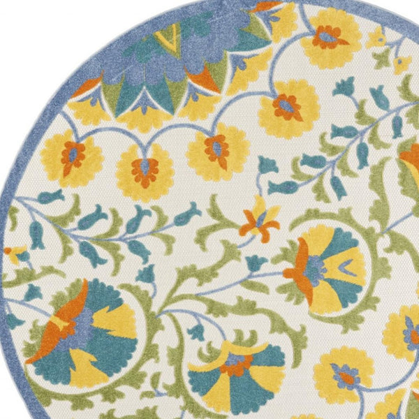HomeRoots 8' Blue and Yellow Round Area Rug – Durable, Versatile, and Easy-Clean Indoor/Outdoor Decor Solution! 479384