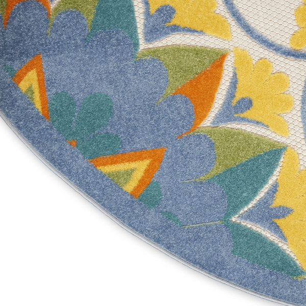 HomeRoots 8' Blue and Yellow Round Area Rug – Durable, Versatile, and Easy-Clean Indoor/Outdoor Decor Solution! 479384