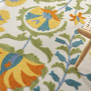 HomeRoots 8' Blue and Yellow Round Area Rug – Durable, Versatile, and Easy-Clean Indoor/Outdoor Decor Solution! 479384