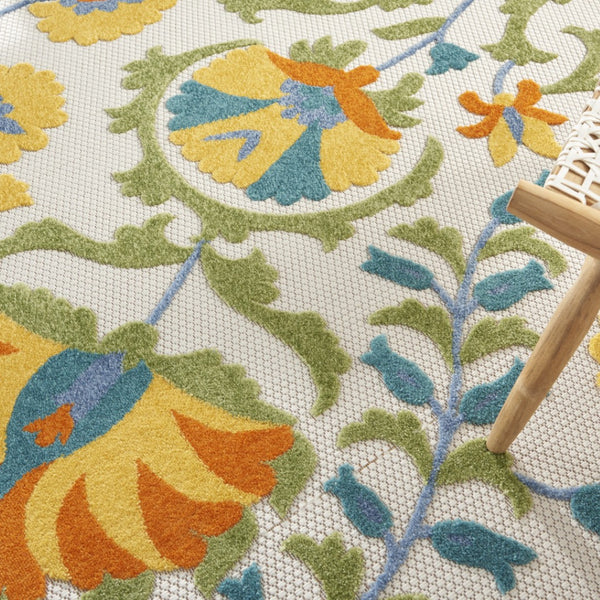 HomeRoots 8' Blue and Yellow Round Area Rug – Durable, Versatile, and Easy-Clean Indoor/Outdoor Decor Solution! 479384